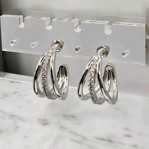 Unbranded Jewelry - Crystal Accent Earrings Pierced Three Layered Lines Silver Tone Classic Design